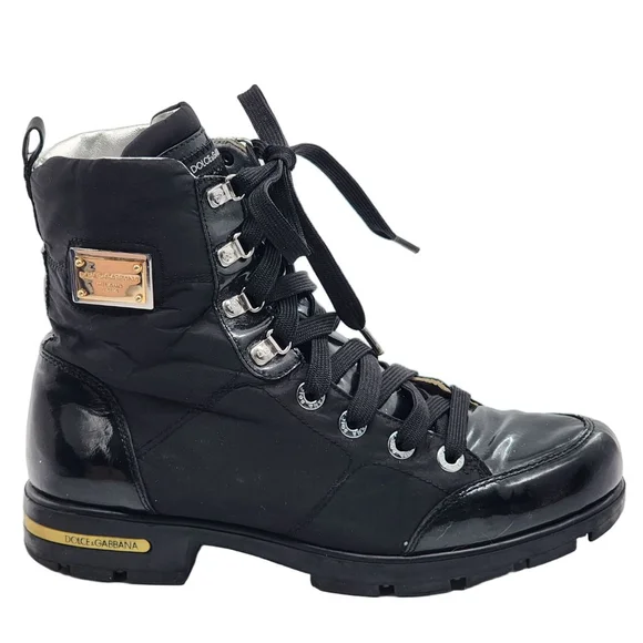 DOLCE & GABBANA Black Lace Up Boots Size 38 7.5 with Gold Accents - Picture 1 of 10